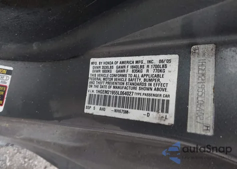 2005 Honda Civic Ex из США, поврежденный, VIN 1HGEM21955L064027